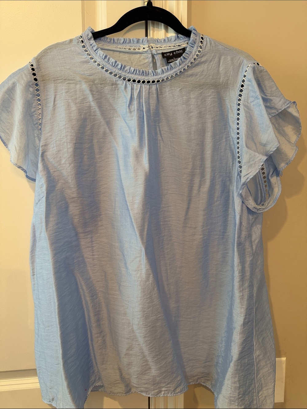 City Chic Sky Blue Crochet-Edge Flutter Sleeve Blouse